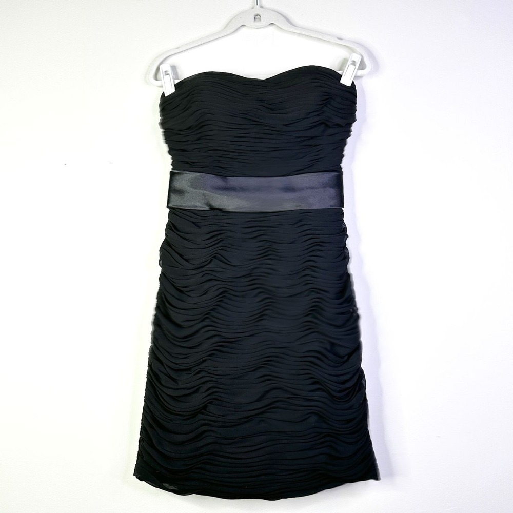 Bill Levkoff Strapless Cocktail Dress‎ Women 12 Black Ruffle Satin Waist Midi